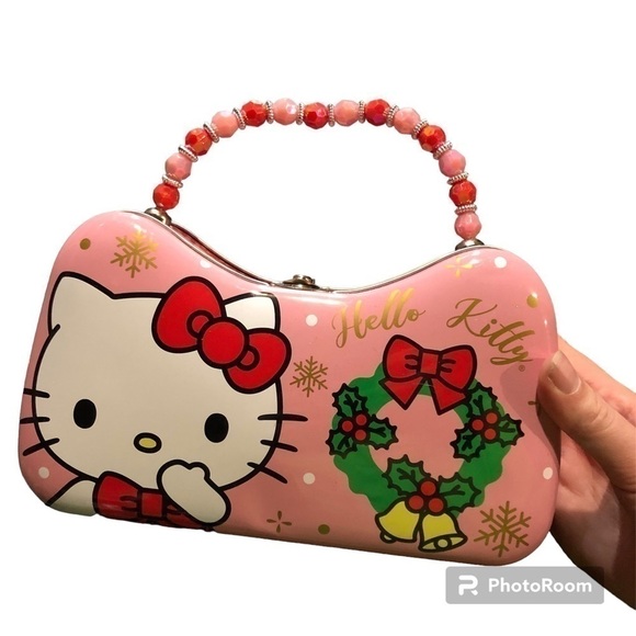 Hello Kitty Christmas Tin Purse Strap Beads NEW Gift Storage Pink Metal - Picture 1 of 3